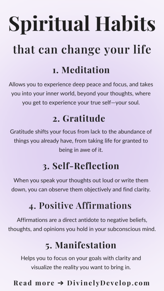 Pin graphic showing a list of spiritual and mindfulness habits that can change your life.