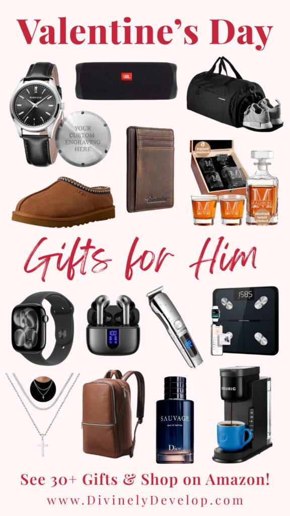 Graphic showing products that represent Valentines day gifts for him.