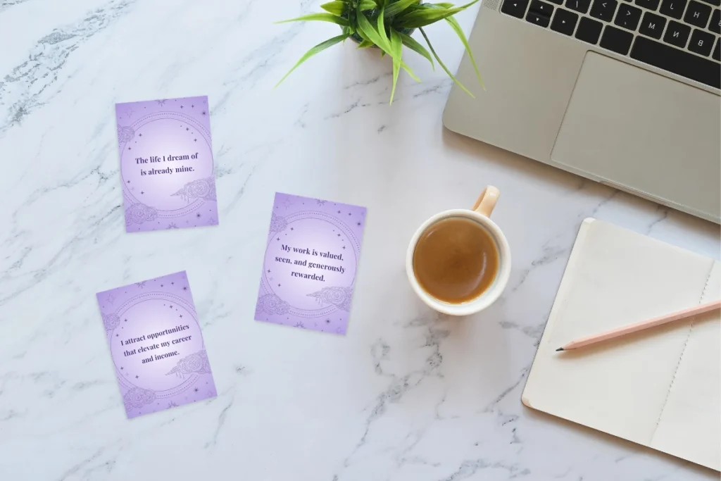 Manifestation affirmations for money, abundance and wealth layed out on the table.