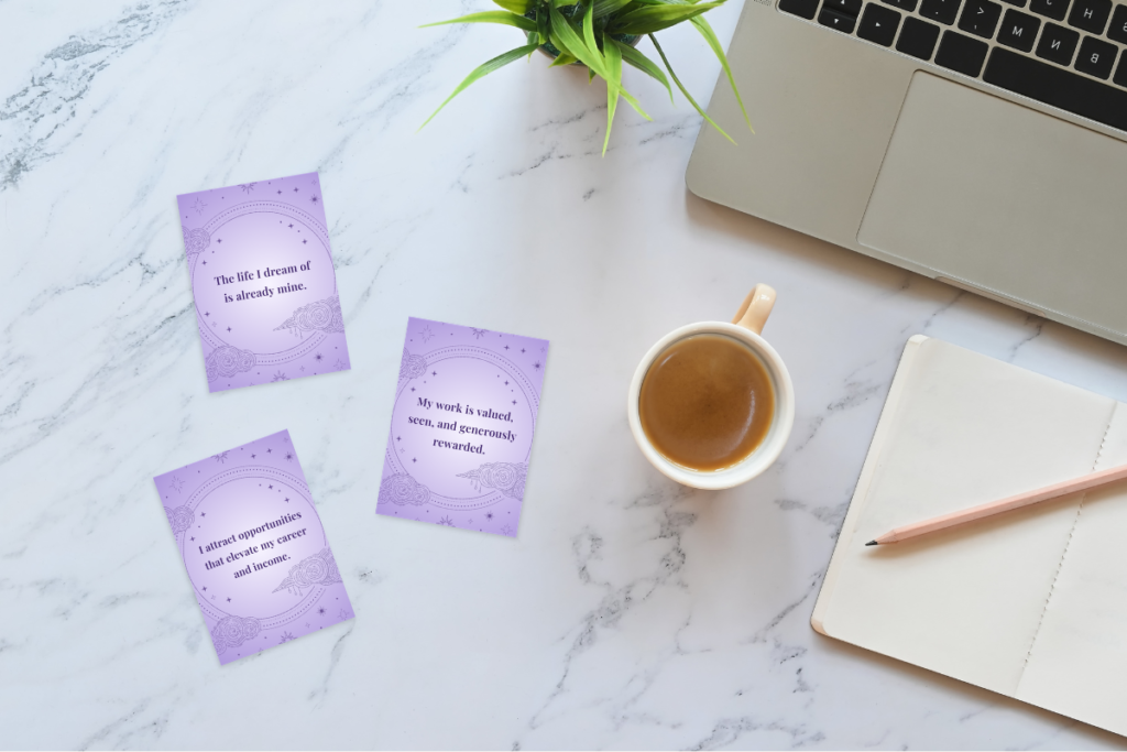 Manifestation affirmations printable cards on a desk.