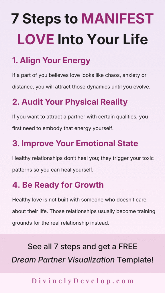 An infographic showing 4 out of 7 steps for how to manifest love into your life.
