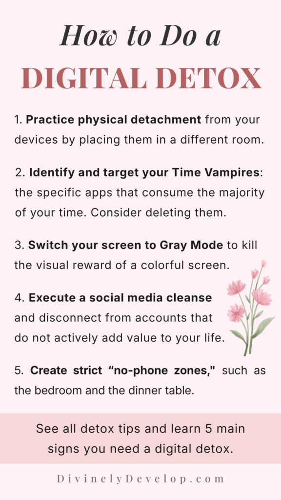 How to do a digital detox, an infographic showing 5 key steps.